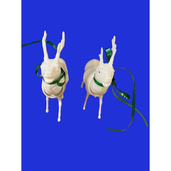 Vintage White Deer Bobblehead Figurines With Green Ribbons & Red Eyes - Picture 3 of 7